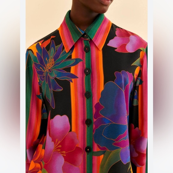 FARM RIO Black Flower Season Scarf Shirt - Picture 1 of 12
